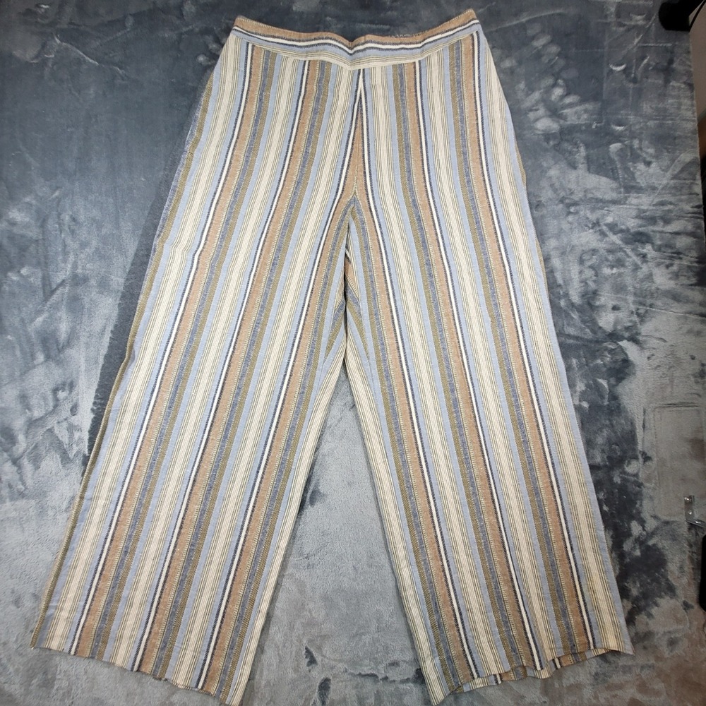 Coldwater Creek Womens Petite Large Blue Tan Striped Linen Blend Wide Leg Pants